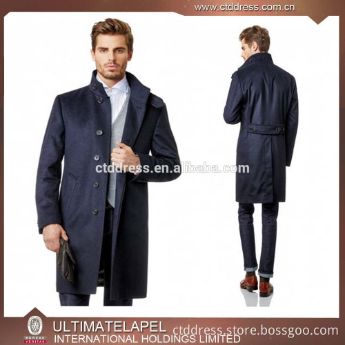 Latest design navy blue stand collar custom tailored overcoat